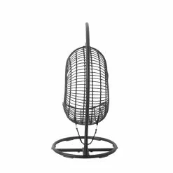 Allen + Roth Cresley Black Steel And Wicker Hanging Patio Chair With Grey Cushion