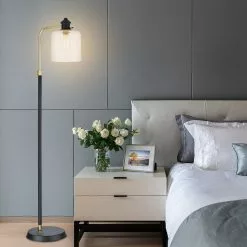 Allen + Roth 58-inH Painted Black With Antique Brass Down Bridge Floor Lamp With Clear Glass Shade -Allen + Roth Shop 910478 44066825