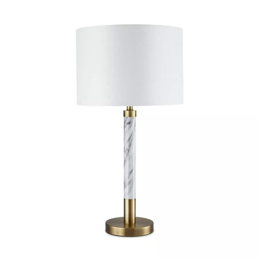 Allen + Roth 25-inH Plated Brass With Faux Marble Accent Table Lamp With White Linen Fabric Shade 3 Allen + Roth 25-inH Plated Brass With Faux Marble Accent Table Lamp With White Linen Fabric Shade - Image 3