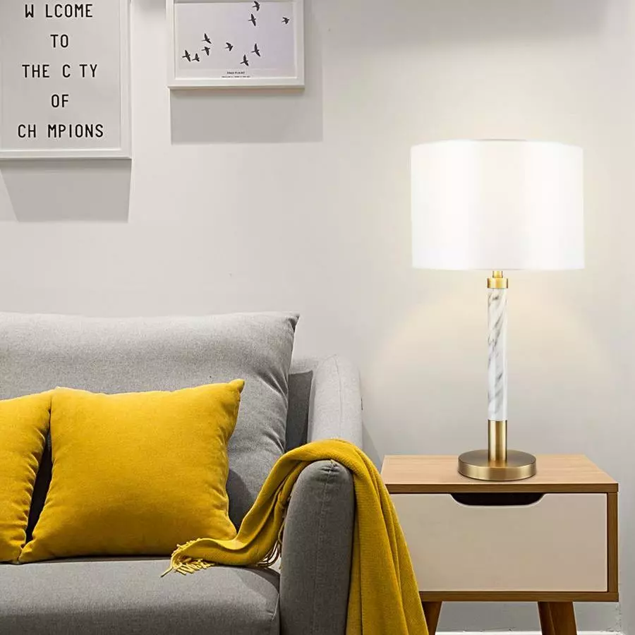 Allen + Roth 25-inH Plated Brass With Faux Marble Accent Table Lamp With White Linen Fabric Shade 2 Allen + Roth 25-inH Plated Brass With Faux Marble Accent Table Lamp With White Linen Fabric Shade - Image 2